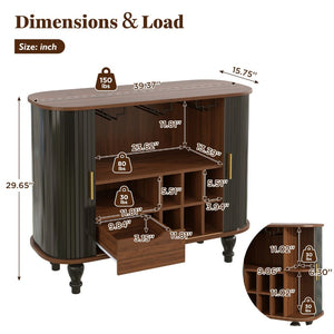 English Elm 39" Fluted Mdf Bar Cabinet with Wine Racks Glass Holders and Hidden Side Storage Black N728P458089B