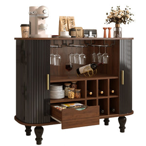English Elm 39" Fluted Mdf Bar Cabinet with Wine Racks Glass Holders and Hidden Side Storage Black N728P458089B