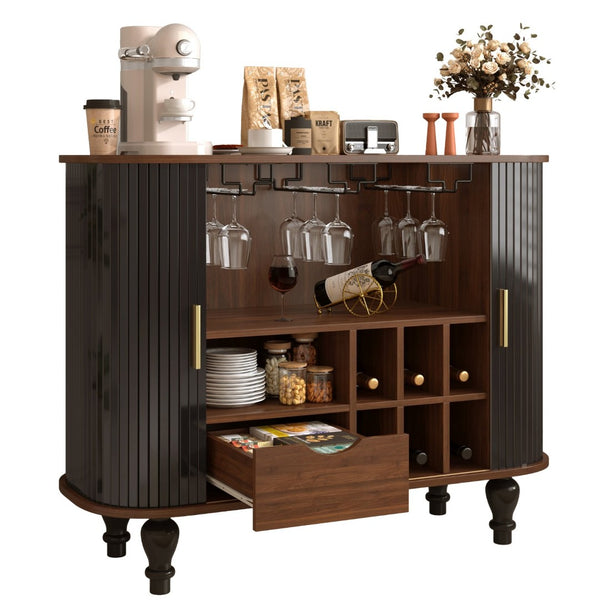 English Elm 39" Fluted Mdf Bar Cabinet with Wine Racks Glass Holders and Hidden Side Storage Black N728P458089B