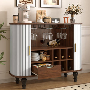 English Elm 39" Fluted Mdf Bar Cabinet with Wine Racks Glass Holders and Hidden Side Storage White N728P458089W