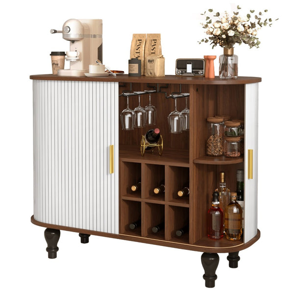 English Elm 39" Fluted Mdf Bar Cabinet with Wine Racks Glass Holders and Hidden Side Storage White N728P458089W