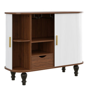 English Elm 39" Fluted Mdf Bar Cabinet with Wine Racks Glass Holders and Hidden Side Storage White N728P458089W