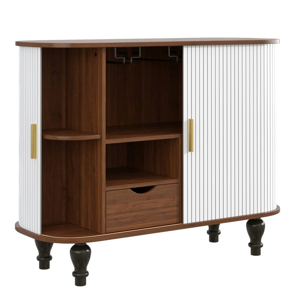 English Elm 39" Fluted Mdf Bar Cabinet with Wine Racks Glass Holders and Hidden Side Storage White N728P458089W