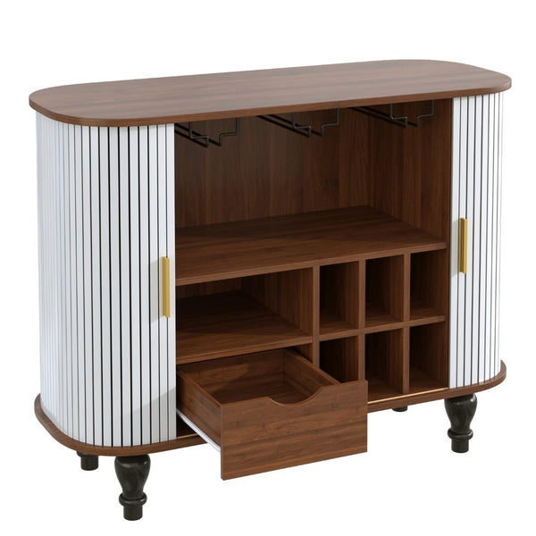 English Elm 39" Fluted Mdf Bar Cabinet with Wine Racks Glass Holders and Hidden Side Storage White N728P458089W