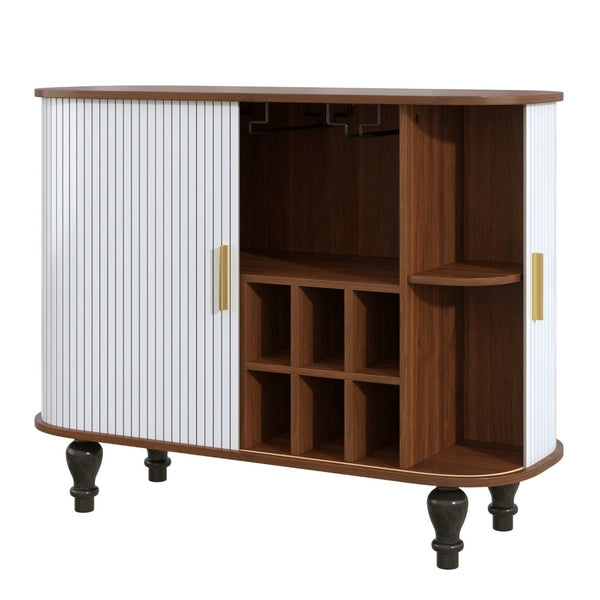 English Elm 39" Fluted Mdf Bar Cabinet with Wine Racks Glass Holders and Hidden Side Storage White N728P458089W