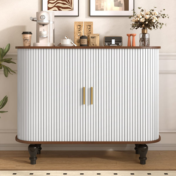 English Elm 39" Fluted Mdf Bar Cabinet with Wine Racks Glass Holders and Hidden Side Storage White N728P458089W