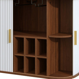 English Elm 39" Fluted Mdf Bar Cabinet with Wine Racks Glass Holders and Hidden Side Storage White N728P458089W