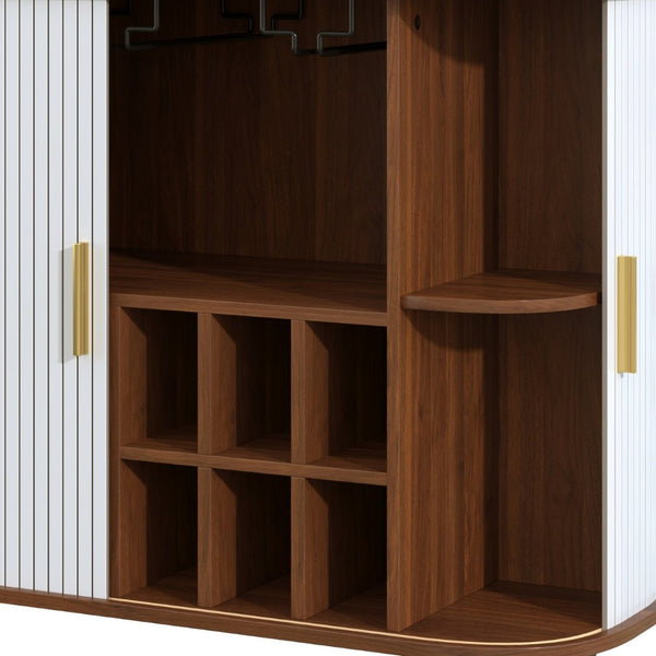 English Elm 39" Fluted Mdf Bar Cabinet with Wine Racks Glass Holders and Hidden Side Storage White N728P458089W