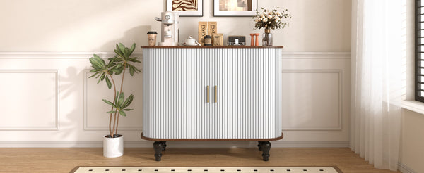 English Elm 39" Fluted Mdf Bar Cabinet with Wine Racks Glass Holders and Hidden Side Storage White N728P458089W