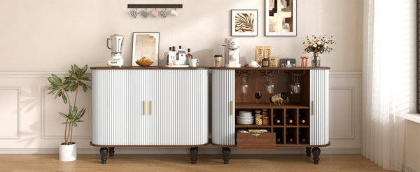 English Elm 39" Fluted Mdf Bar Cabinet with Wine Racks Glass Holders and Hidden Side Storage White N728P458089W