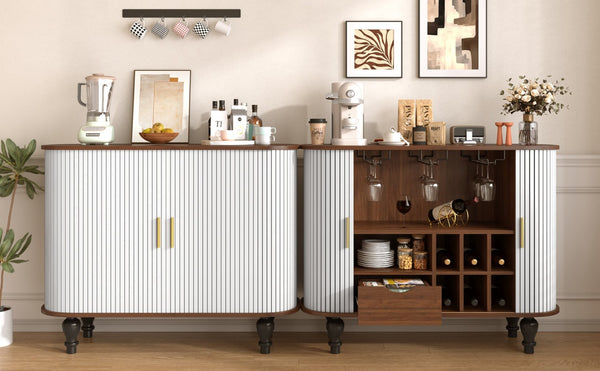 English Elm 39" Fluted Mdf Bar Cabinet with Wine Racks Glass Holders and Hidden Side Storage White N728P458089W