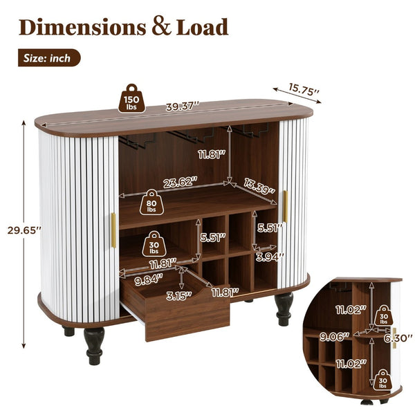 English Elm 39" Fluted Mdf Bar Cabinet with Wine Racks Glass Holders and Hidden Side Storage White N728P458089W