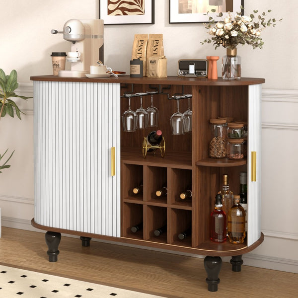 English Elm 39" Fluted Mdf Bar Cabinet with Wine Racks Glass Holders and Hidden Side Storage White N728P458089W