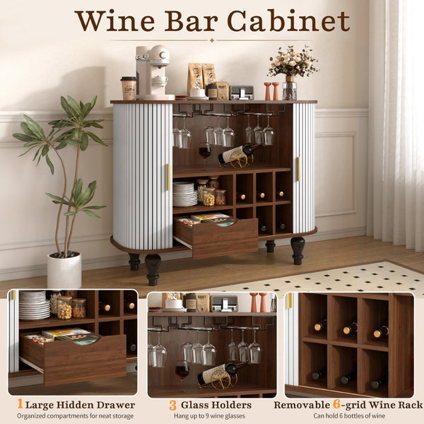 English Elm 39" Fluted Mdf Bar Cabinet with Wine Racks Glass Holders and Hidden Side Storage White N728P458089W