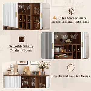 English Elm 39" Fluted Mdf Bar Cabinet with Wine Racks Glass Holders and Hidden Side Storage White N728P458089W