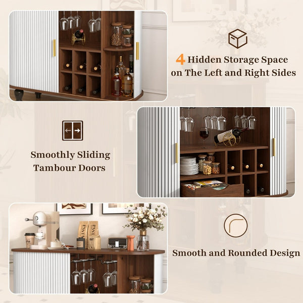 English Elm 39" Fluted Mdf Bar Cabinet with Wine Racks Glass Holders and Hidden Side Storage White N728P458089W