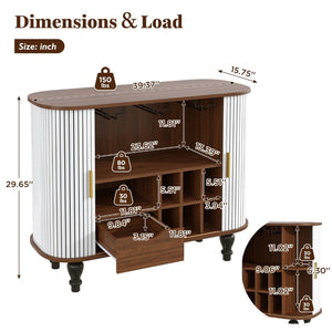 English Elm 39" Fluted Mdf Bar Cabinet with Wine Racks Glass Holders and Hidden Side Storage White N728P458089W