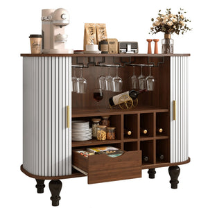 English Elm 39" Fluted Mdf Bar Cabinet with Wine Racks Glass Holders and Hidden Side Storage White N728P458089W