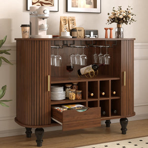 English Elm 39" Fluted Mdf Bar Cabinet with Wine Racks Glass Holders and Hidden Side Storage Walnut N728P458089Z