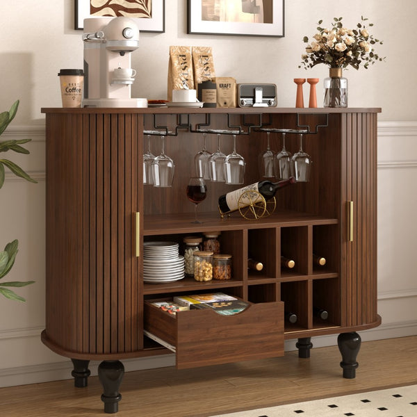 English Elm 39" Fluted Mdf Bar Cabinet with Wine Racks Glass Holders and Hidden Side Storage Walnut N728P458089Z