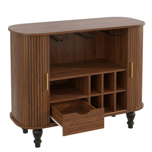 English Elm 39" Fluted Mdf Bar Cabinet with Wine Racks Glass Holders and Hidden Side Storage Walnut N728P458089Z