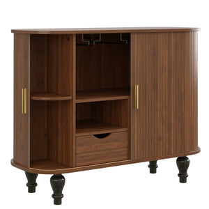 English Elm 39" Fluted Mdf Bar Cabinet with Wine Racks Glass Holders and Hidden Side Storage Walnut N728P458089Z