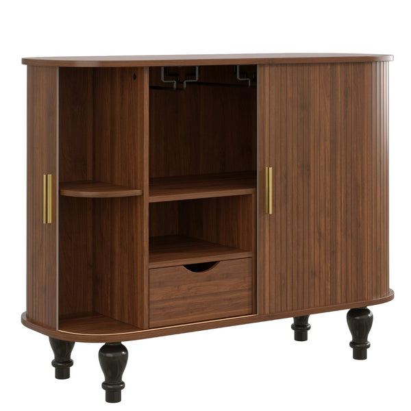 English Elm 39" Fluted Mdf Bar Cabinet with Wine Racks Glass Holders and Hidden Side Storage Walnut N728P458089Z