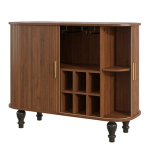 English Elm 39" Fluted Mdf Bar Cabinet with Wine Racks Glass Holders and Hidden Side Storage Walnut N728P458089Z