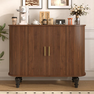 English Elm 39" Fluted Mdf Bar Cabinet with Wine Racks Glass Holders and Hidden Side Storage Walnut N728P458089Z