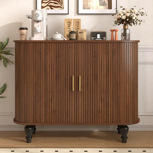 English Elm 39" Fluted Mdf Bar Cabinet with Wine Racks Glass Holders and Hidden Side Storage Walnut N728P458089Z