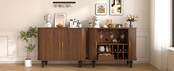 English Elm 39" Fluted Mdf Bar Cabinet with Wine Racks Glass Holders and Hidden Side Storage Walnut N728P458089Z
