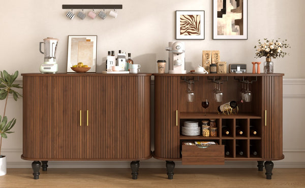 English Elm 39" Fluted Mdf Bar Cabinet with Wine Racks Glass Holders and Hidden Side Storage Walnut N728P458089Z