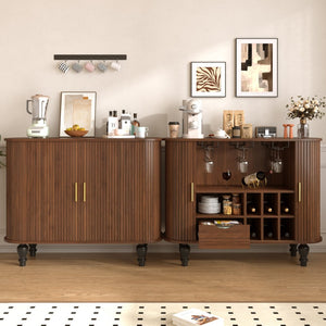 English Elm 39" Fluted Mdf Bar Cabinet with Wine Racks Glass Holders and Hidden Side Storage Walnut N728P458089Z