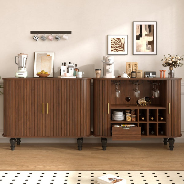 English Elm 39" Fluted Mdf Bar Cabinet with Wine Racks Glass Holders and Hidden Side Storage Walnut N728P458089Z