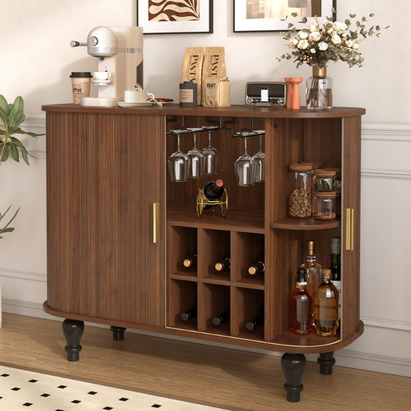 English Elm 39" Fluted Mdf Bar Cabinet with Wine Racks Glass Holders and Hidden Side Storage Walnut N728P458089Z