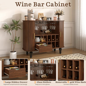 English Elm 39" Fluted Mdf Bar Cabinet with Wine Racks Glass Holders and Hidden Side Storage Walnut N728P458089Z