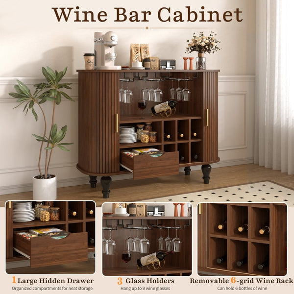 English Elm 39" Fluted Mdf Bar Cabinet with Wine Racks Glass Holders and Hidden Side Storage Walnut N728P458089Z