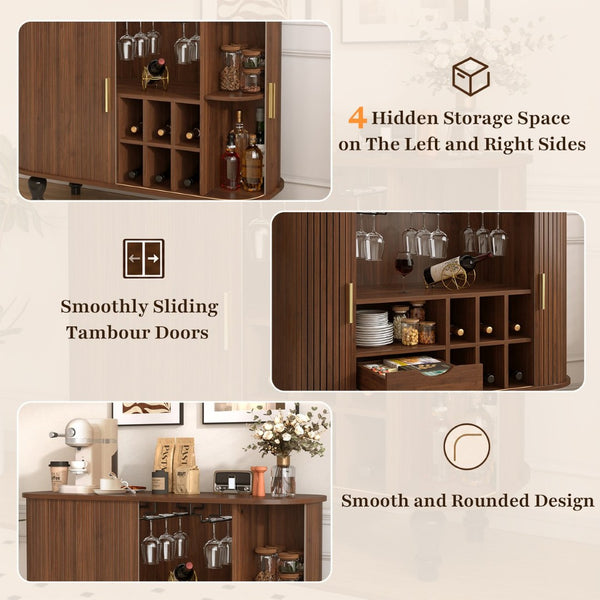 English Elm 39" Fluted Mdf Bar Cabinet with Wine Racks Glass Holders and Hidden Side Storage Walnut N728P458089Z