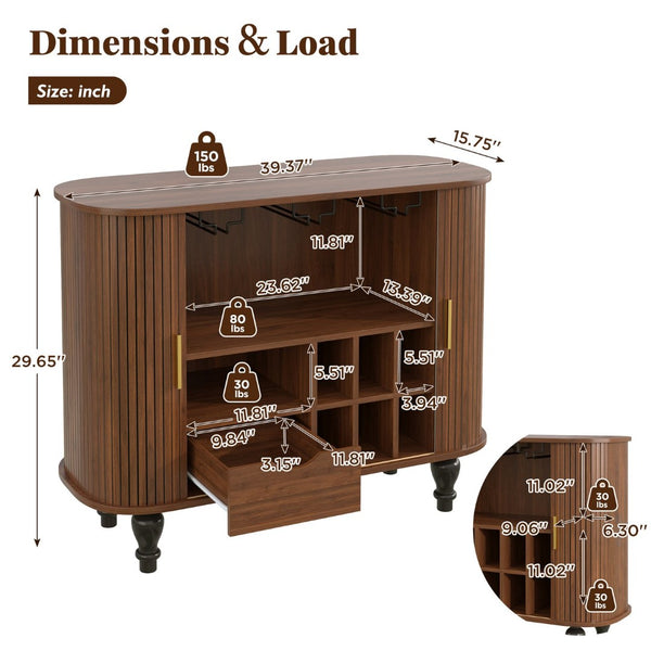 English Elm 39" Fluted Mdf Bar Cabinet with Wine Racks Glass Holders and Hidden Side Storage Walnut N728P458089Z