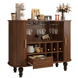 English Elm 39" Fluted Mdf Bar Cabinet with Wine Racks Glass Holders and Hidden Side Storage Walnut N728P458089Z
