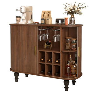 English Elm 39" Fluted Mdf Bar Cabinet with Wine Racks Glass Holders and Hidden Side Storage Walnut N728P458089Z