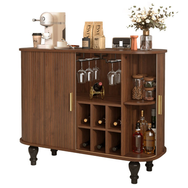 English Elm 39" Fluted Mdf Bar Cabinet with Wine Racks Glass Holders and Hidden Side Storage Walnut N728P458089Z