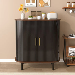 English Elm 28" Fluted Tambour Door Bar Cabinet with Wine Rack Glass Holders and Adjustable Shelving Black N728P458234B