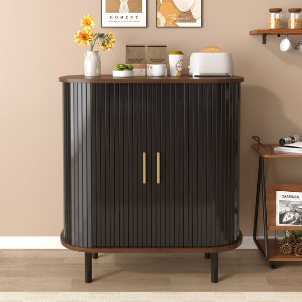 English Elm 28" Fluted Tambour Door Bar Cabinet with Wine Rack Glass Holders and Adjustable Shelving Black N728P458234B
