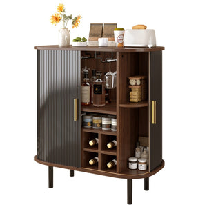 English Elm 28" Fluted Tambour Door Bar Cabinet with Wine Rack Glass Holders and Adjustable Shelving Black N728P458234B