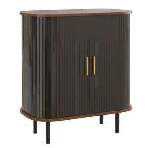 English Elm 28" Fluted Tambour Door Bar Cabinet with Wine Rack Glass Holders and Adjustable Shelving Black N728P458234B