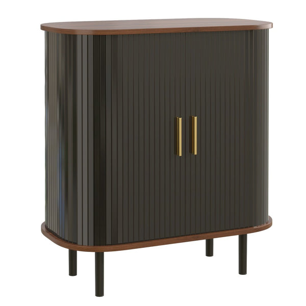 English Elm 28" Fluted Tambour Door Bar Cabinet with Wine Rack Glass Holders and Adjustable Shelving Black N728P458234B