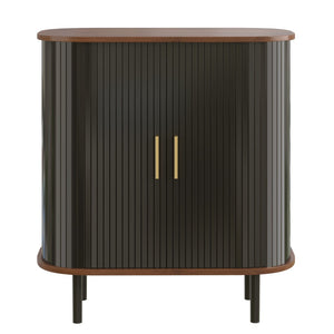 English Elm 28" Fluted Tambour Door Bar Cabinet with Wine Rack Glass Holders and Adjustable Shelving Black N728P458234B