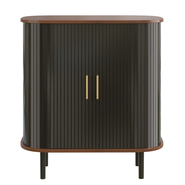 English Elm 28" Fluted Tambour Door Bar Cabinet with Wine Rack Glass Holders and Adjustable Shelving Black N728P458234B