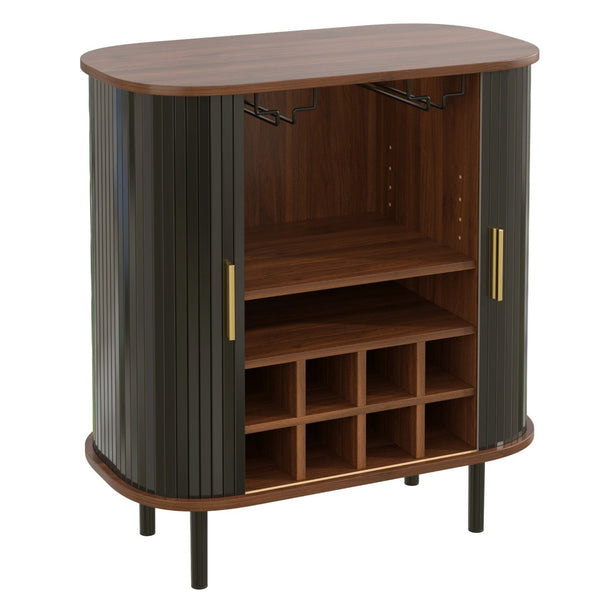 English Elm 28" Fluted Tambour Door Bar Cabinet with Wine Rack Glass Holders and Adjustable Shelving Black N728P458234B